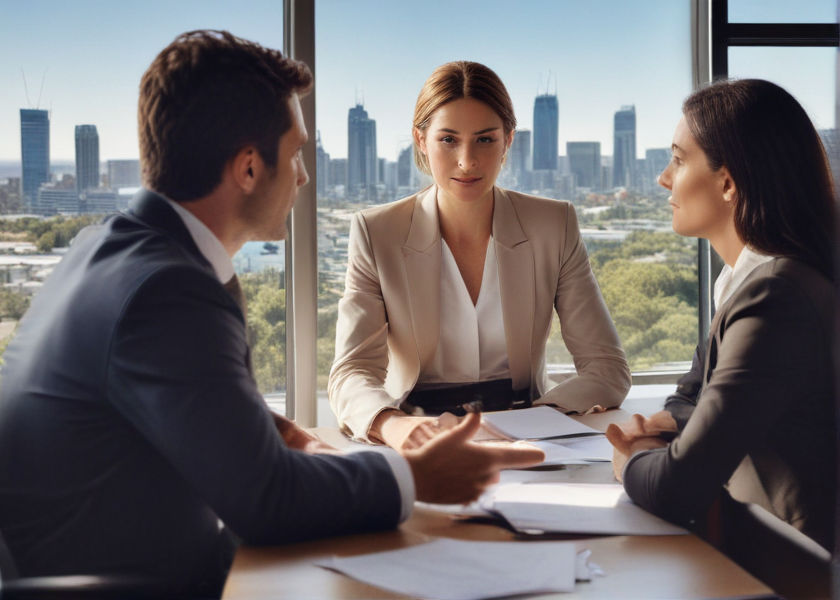 A family lawyer gestures confidently while discussing financial planning with a couple, framed by a skyline view.