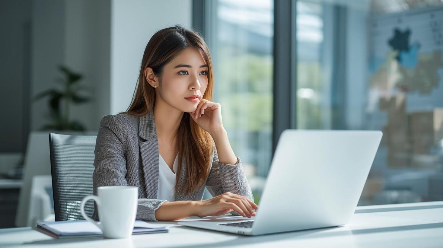 Focused analyst studying supply chain data on laptop in bright office environment.