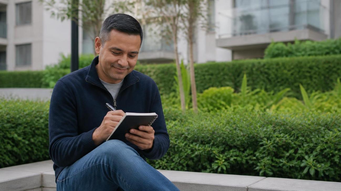 Person smiling while reviewing budget notes outdoors near green residential landscaping area.